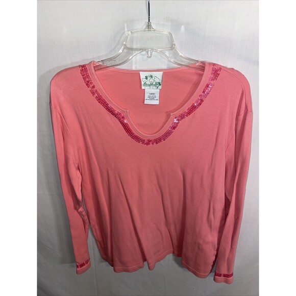 Quacker Factory Casual Blouse Women’s Size Large Pink Sequins Long Sleeve Cotton - Picture 1 of 12